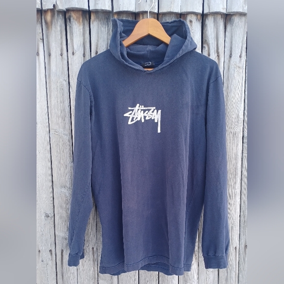 Vintage navy blue Stussy pullover graphic long sleeve tshirt hoodie womens L - Picture 1 of 6